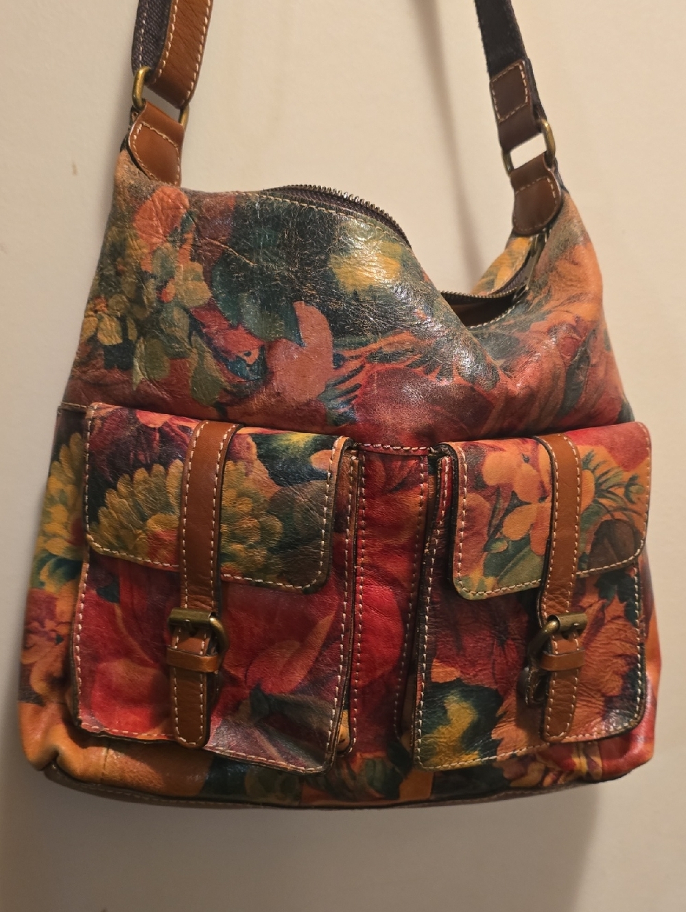 Patricia Nash Floral Patchwork Leather Shoulder Bag - Red, Orange, Green, Brown - Picture 2 of 5